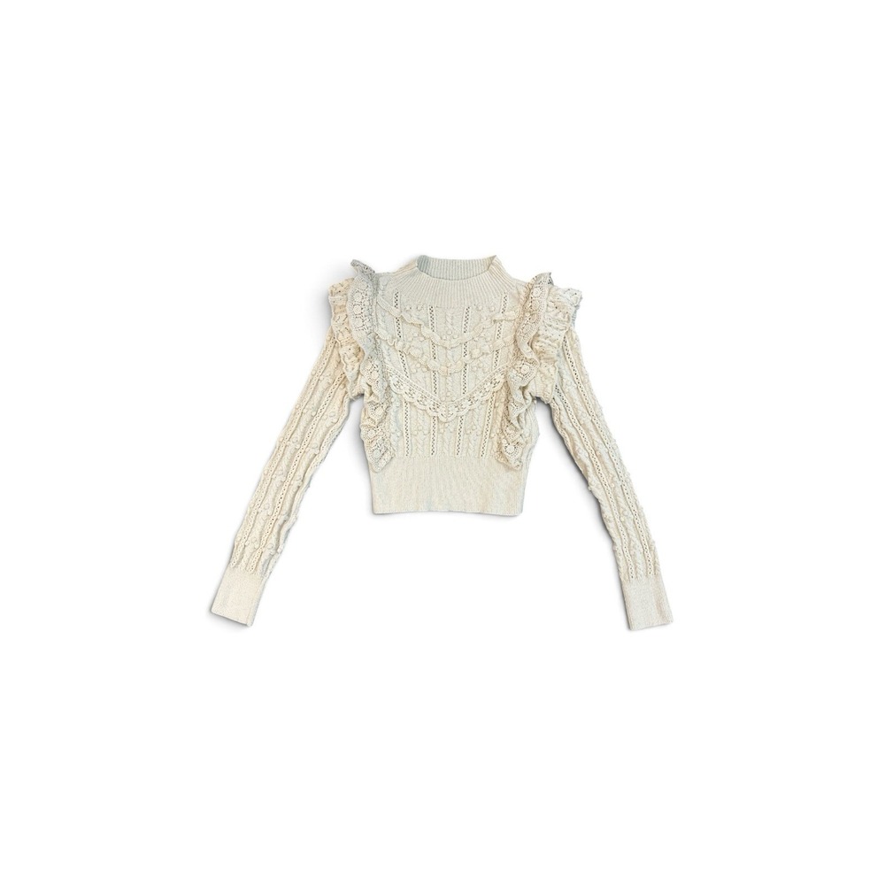 Zara Sweater Women Ivory Size M (Fits Small) Cable-Knit Ruffle Mock Neck Floral